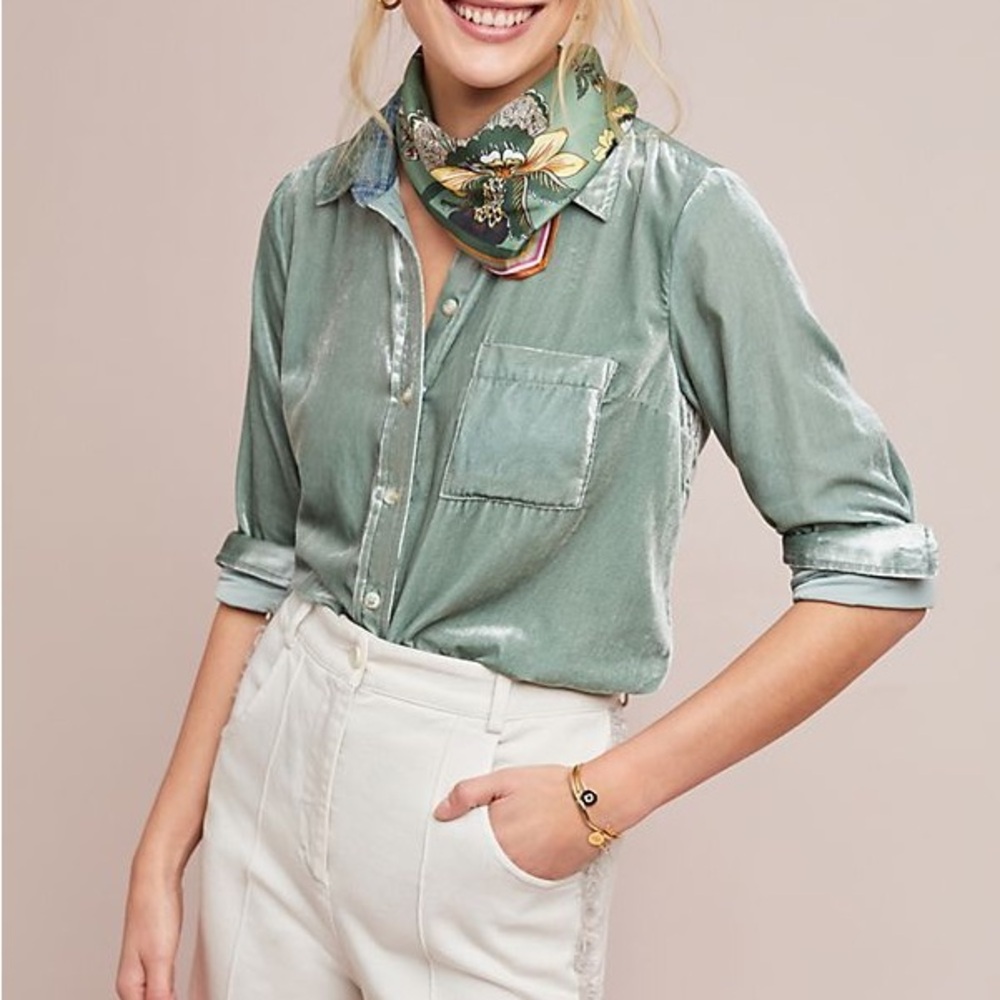 Anthropologie Maeve Seafoam Velvet Button-Up Shirt Tunic